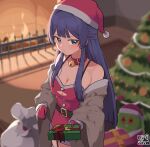  1girl bangs bell blue_eyes blue_hair blush box breasts character_request christmas christmas_tree cleavage closed_mouth collar collarbone dated fire gift gift_box gloves grey_jacket hat highres holding holding_gift idolmaster jacket jingle_bell long_hair looking_at_viewer medium_breasts myeolchi neck_bell red_collar red_gloves red_headwear santa_hat solo 