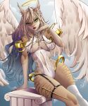  2022 5_fingers anthro breasts clothed clothing day detailed_background digital_media_(artwork) eyebrows eyelashes feathered_wings feathers female fingers fur green_eyes hair hi_res hybrid lisaamint looking_at_viewer navel outside sky solo wings 