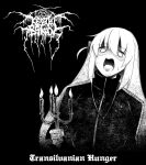  1girl album_cover_redraw black_background bocchi_the_rock! candelabra cross darkthrone derivative_work english_commentary equ4lhate gotou_hitori hair_between_eyes highres holding jewelry jumpsuit lit_candle monochrome necklace open_mouth pentagram shaded_face 