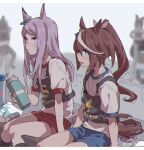  2girls animal_ears bench black_socks blue_eyes blue_shorts blush bottle closed_mouth ear_bow holding holding_bottle horse_ears horse_girl horse_tail kneehighs looking_at_viewer mejiro_mcqueen_(umamusume) multicolored_hair multiple_girls open_mouth ponytail purple_eyes purple_hair race_bib red_shorts ree_(re-19) shirt short_sleeves shorts socks streaked_hair sweat tail timestamp tokai_teio_(umamusume) umamusume water_bottle white_shirt 