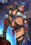  1girl abs absurdres blue_hair breasts collar dual_wielding earrings electricity english_text facepaint fishnet_pantyhose fishnets gun highres hiiluigi holding jewelry junker_queen_(overwatch) knife large_breasts lip_piercing looking_down muscular muscular_female overwatch overwatch_2 pantyhose piercing red_eyes sawed-off_shotgun shotgun shoulder_spikes smile solo spiked_collar spikes teeth thick_thighs thighs weapon 