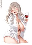  1girl alcohol bottomless breasts cleavage collarbone cowboy_shot cup dress_shirt drinking_glass ebifurya grey_hair highres kantai_collection large_breasts long_hair naked_shirt navel no_bra one-hour_drawing_challenge open_clothes open_shirt pola_(kancolle) shirt smile solo thick_eyebrows twitter_username wavy_hair white_background white_shirt wine wine_glass 