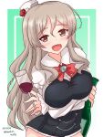  1girl alcohol ascot blush bottle collared_shirt corset cup dated drinking_glass drunk grey_hair hair_between_eyes hat highres holding holding_bottle kantai_collection mini_hat no_pants open_mouth pola_(kancolle) sawatani_(chevalier_04056) shirt signature solo thick_eyebrows tilted_headwear twitter_username wavy_hair wine wine_bottle wine_glass 