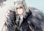  1boy animal_ears arknights beads black_coat black_gloves chain cloak coat dress_shirt fur-trimmed_cloak fur_collar fur_trim gloves grey_eyes hair_beads hair_ornament high_collar leopard_ears male_focus necktie outstretched_hand ryuuzaki_ichi shirt silverash_(arknights) solo tenzin_(arknights) white_hair 