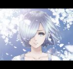  1girl absurdres blurry collarbone depth_of_field expressionless grey_eyes grey_hair hair_over_one_eye harutan044 highres kirishima_touka lens_flare letterboxed petals portrait solo tokyo_ghoul 