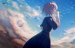  1girl ahoge arm_up bird blue_dress blue_sky bubble_blowing bubble_pipe closed_eyes cloud cloudy_sky covered_mouth day dress dutch_angle eyebrows_hidden_by_hair feet_out_of_frame from_side hand_up highres holding kaf_(kamitsubaki_studio) kamitsubaki_studio long_hair low_twintails neckerchief outdoors pink_hair short_sleeves sidelighting sky soap_bubbles solo standing tirudo29 twintails virtual_youtuber yellow_neckerchief 
