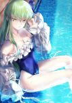  1girl absurdres bangs blue_one-piece_swimsuit breasts budgiepon c.c. cleavage code_geass collarbone cosplay fate/grand_order fate_(series) frills green_hair highleg highleg_swimsuit highres long_hair looking_at_viewer meltryllis_(fate) meltryllis_(fate)_(cosplay) meltryllis_(swimsuit_lancer)_(fate) meltryllis_(swimsuit_lancer)_(fate)_(cosplay) parted_lips pool sitting solo swimsuit yellow_eyes 