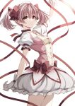  1girl bow collarbone gloves hair_ribbon highres image_sample kaname_madoka magical_girl mahou_shoujo_madoka_magica misteor pink_eyes pink_hair ribbon short_hair short_twintails smile solo soul_gem twintails twitter_sample waist_bow white_background white_gloves 