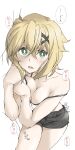  1girl akatsuki_kirika blonde_hair breasts cleavage elf_(stroll_in_the_woods) green_eyes hair_ornament highres looking_at_viewer open_mouth senki_zesshou_symphogear shiny shiny_skin short_hair shorts simple_background solo white_background x_hair_ornament 