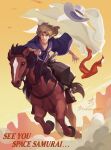  andy_von_de_oniyate artist_name blonde_hair brown_horse closed_mouth cowboy_bebop cowboy_hat cowboy_western dust english_text hat horse mountain orange_sky riding samurai signature sky star_(symbol) starsoulart 