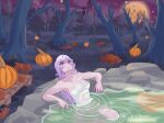  1girl artist_name autumn_leaves blush breasts cleavage cloud cloudy_sky collarbone forest full_moon halloween highres long_hair looking_at_viewer medium_breasts moon multicolored_background naked_towel nature navel niftyrobo onsen princess_king_boo pumpkin purple_hair red_eyes shallow_water sky solo star_(sky) starry_sky steam towel water wet wet_towel wide_hips 