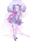  1girl aqua_eyes big_hair bow center_frills dress frilled_dress frills full_body garter_straps hair_bow high_heels highres long_hair long_ribbon multiple_hair_bows neck_ribbon one_eye_closed original purple_hair ribbon sketch smile solo thighhighs totoya_yuu twintails zettai_ryouiki 