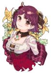  1girl atelier_(series) atelier_sophie atelier_sophie_2 blush bossun_(laetus) braid brown_eyes closed_mouth corset cross-laced_clothes cross-laced_top dress flower highres jewelry looking_at_viewer necklace red_dress red_flower red_hair red_rose red_skirt rose short_hair side_braid simple_background skirt smile solo sophie_neuenmuller upper_body white_background 