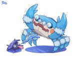  &gt;_&lt; alternate_color black_eyes closed_eyes commentary_request crab klawf looking_up no_humans open_mouth oyasuminjyutsu pokemon pokemon_(creature) shellder shiny_pokemon signature tongue trembling white_background 