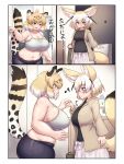  1other 2girls animal_ears belly bespectacled black_pants blonde_hair breasts brown_eyes cleavage eighth_note fang fennec_(kemono_friends) fox_ears fox_girl fox_tail glasses gradient_hair highres holding_hands huge_breasts jacket jaguar_(kemono_friends) jaguar_ears jaguar_girl jaguar_tail kemono_friends large_breasts lucky_beast_(kemono_friends) mo23 multicolored_hair multiple_girls musical_note open_mouth pants plump short_hair sideboob skirt smile sports_bra tail thick_arms white_hair yellow_eyes yuri 