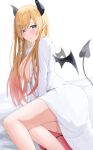 1girl absurdres arm_support ass bangs bare_legs bat_wings bed_sheet black_horns black_tail black_wings blonde_hair blue_eyes blurry blurry_background blush breasts coat commentary demon_girl demon_horns demon_tail demon_wings eyelashes feet_out_of_frame forehead gradient_hair hair_ornament highres hololive horn_ornament horns labcoat large_breasts leaning_to_the_side legs long_hair looking_at_viewer multicolored_hair onemuikun-b open_clothes open_coat open_mouth parted_bangs pink_hair pointy_ears sidelocks simple_background sitting solo streaked_hair swept_bangs tail tail_raised teacher thighs virtual_youtuber white_background white_coat wings x_hair_ornament yokozuwari yuzuki_choco 