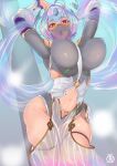  1girl adapted_costume ahoge aqua_hair armpits arms_up bangs bare_shoulders blush bouncing_breasts breasts breasts_apart covered_nipples fire_emblem fire_emblem_heroes gradient_clothes green_hair highres jewelry large_breasts looking_at_viewer multicolored_hair navel open_mouth pants purple_hair revolverwing seidr_(fire_emblem) shiny shiny_skin short_hair skindentation solo standing thick_thighs thigh_strap thighs unaligned_breasts veil wide_hips 