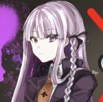  1girl bangs black_gloves black_jacket black_ribbon braid brown_necktie collared_shirt danganronpa:_trigger_happy_havoc danganronpa_(series) frown gloves hair_ribbon jacket kirigiri_kyouko long_hair multicolored_background necktie pink_eyes ribbon shiny shiny_hair shirt side_braid solo translation_request white_shirt zui_nianshao 