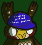  2022 animal_crossing avian baseball_cap bird blathers_(animal_crossing) blue_baseball_cap blue_clothing blue_hat blue_headwear bow_tie brown_body bust_portrait clothing digital_media_(artwork) english_text green_background green_bow_tie hat headgear headwear looking_at_viewer meme nintendo owl please_be_patient_i_have_autism portrait randomacman simple_background text text_on_clothing text_on_hat text_on_headwear video_games 