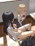  2girls absurdres aroused black_hair blonde_hair blush bow bowtie breasts chair classroom closed_eyes clothed_masturbation clutching_clothes collared_shirt commentary_request desk dutch_angle exhibitionism female_masturbation fingering from_above full_body furrowed_brow grabbing_own_breast hair_between_eyes highres indoors kneehighs large_breasts lemontyoisy_r18 long_hair looking_at_another masturbation multiple_girls nipples no_bra on_chair on_floor open_clothes open_mouth open_shirt original panties panties_around_one_leg public_indecency school_chair school_desk school_uniform shirt sitting skirt skirt_around_ankles skirt_removed sleeves_rolled_up socks sweat textless_version thighs trembling underwear watching yellow_eyes yuri 