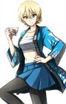  1girl anglerfish animal_print bangs black_pantyhose blonde_hair blue_coat blue_eyes blue_skirt braid chest_sarashi closed_mouth coat commentary copyright_name cup darjeeling_(girls_und_panzer) english_text fish_print girls_und_panzer girls_und_panzer_saishuushou hand_on_hip hanten_(clothes) happi highres holding holding_cup japanese_clothes knee_up long_sleeves looking_at_viewer midriff miniskirt navel omachi_(slabco) open_clothes open_coat pantyhose pleated_skirt print_coat sarashi short_hair skirt smile solo standing teacup twin_braids 