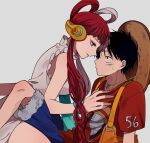  1boy 1girl alternate_costume bag black_eyes black_hair commentary_request hat headphones highres long_hair looking_at_another monkey_d._luffy multicolored_hair nai0524 on_ground one_piece purple_eyes red_hair scar scar_on_face short_hair sweatdrop uta_(one_piece) white_hair 