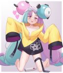  1girl bangs barefoot blush border bow-shaped_hair character_hair_ornament closed_mouth collarbone commentary eyelashes full_body gazing_eye green_hair grey_background hair_ornament heart highres iono_(pokemon) jacket kneeling long_hair looking_at_viewer multicolored_hair no_shirt pokemon pokemon_(game) pokemon_sv purple_hair pussy_juice sleeves_past_fingers sleeves_past_wrists smile solo star_(symbol) star_print sweat thigh_strap toes tongue tongue_out twintails two-tone_hair very_long_hair white_border yellow_jacket 