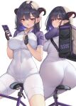  1girl ass bangs bicycle black_gloves black_hair blush breasts cellphone closed_mouth demon_girl earrings fingerless_gloves gloves ground_vehicle hamahama highres holding holding_phone horns jewelry large_breasts looking_at_viewer multiple_views open_mouth original phone pointy_ears purple_eyes short_sleeves sitting smartphone thighs white_background 