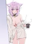  1girl animal_ear_fluff animal_ears bangs black_collar blush breasts cat_ears cat_girl closed_mouth collar commentary_request covered_nipples cup highres holding holding_cup hololive large_breasts light_purple_hair long_sleeves looking_at_viewer messy_hair mug naked_shirt nekomata_okayu nipples open_clothes pink_hair purple_eyes see-through shirt short_hair simple_background solo steam urokong virtual_youtuber white_shirt 