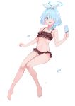  1girl 2r-_(pixiv8168114) :d absurdres arona_(blue_archive) bangs barefoot bikini black_bikini blue_archive blue_eyes blue_hair braid brown_bikini colored_inner_hair commentary facing_viewer flat_chest floating food frilled_bikini frills full_body hair_between_eyes hair_over_one_eye hairband halo hand_up highres holding_ice_cream looking_away multicolored_hair navel one_eye_covered open_mouth pink_hair short_hair simple_background smile solo stomach swept_bangs swimsuit thighs water white_background white_hairband 