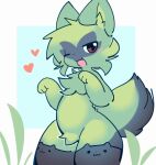  &lt;3 ambiguous_gender anthro black_pupils blush cheek_tuft clothed clothing facial_tuft felid flat_chested fluffy fluffy_tail fur fur_tuft generation_9_pokemon green_body green_fur half-closed_eyes huge_thighs legwear looking_at_viewer mammal mintpaws narrowed_eyes nintendo one_eye_closed open_mouth outside partially_clothed paws pokemon pokemon_(species) pupils raised_tail red_eyes simple_background slightly_chubby solo sprigatito stockings tail tail_motion tailwag thick_thighs tuft video_games wide_hips 