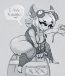  banana barrel bottomless breasts cleavage clothed clothing dialogue eyewear eyewear_on_head female food fruit goggles goggles_on_head hi_res karakylia league_of_legends licking not_furry plant riot_games thick_thighs tongue tongue_out video_games yordle 