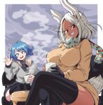  2girls ahoge alternate_costume alternate_hair_length alternate_hairstyle animal_ears bangs black_gloves black_thighhighs blue_hair boku_no_hero_academia breasts brown_sweater chair covered_collarbone cup dark-skinned_female dark_skin fang feet_out_of_frame gloves grey_scarf grin hadou_nejire highres holding holding_cup large_breasts lewdamone long_sleeves mirko multicolored_background multiple_girls rabbit_ears rabbit_tail red_eyes scarf shiny shiny_hair short_hair single_glove smile steam sweater table tail teeth thighhighs upper_teeth 
