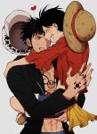  2boys black_hair chest_tattoo clenched_teeth closed_eyes hand_tattoo hat highres hug jacket male_focus monkey_d._luffy multiple_boys nai0524 one_piece pectoral_cleavage pectorals sandals scar scar_on_face short_hair smile tattoo teeth trafalgar_law 