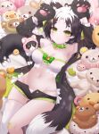  1girl :3 absurdres ahoge animal animal_ears animal_hands armpits arms_up ass_visible_through_thighs bandaid bandaid_on_knee bandaid_on_leg bare_shoulders bell black_hair black_jacket black_shorts bow breasts cat cat_ears cat_girl cat_tail choker cleavage closed_mouth commission crop_top frilled_shorts frills gloves green_bow green_choker green_eyes heart heart_ahoge highleg highres honyang jacket jingle_bell lace_trim looking_at_viewer lying medium_breasts micro_shorts midriff mole mole_on_ass mole_on_breast mole_on_stomach multicolored_hair navel off_shoulder on_back open_clothes open_fly open_jacket original panties paw_gloves shirt short_hair shorts single_thighhigh skindentation sleeveless sleeveless_shirt slit_pupils smile solo spaghetti_strap stomach tail thighhighs thighs two-tone_hair underwear white_hair white_panties white_shirt white_thighhighs 