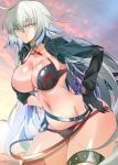  1girl ahoge bangs beach bikini black_bikini black_gloves black_jacket blue_sky breasts choker collarbone cropped_jacket fate/grand_order fate_(series) gloves grey_hair hands_on_hips highres jacket jeanne_d&#039;arc_(fate) jeanne_d&#039;arc_alter_(fate) jeanne_d&#039;arc_alter_(swimsuit_berserker)_(fate) large_breasts long_hair long_sleeves looking_at_viewer navel o-ring o-ring_bikini outdoors parted_lips red_thighhighs shiny shiny_skin shore shrug_(clothing) single_thighhigh sky smile solo swimsuit thigh_strap thighhighs thighs very_long_hair yahoo0124 yellow_eyes 