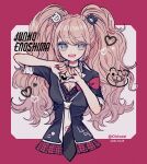  1girl :d bangs bear_hair_ornament blonde_hair blue_eyes bow breasts character_name cleavage collarbone cropped_legs danganronpa:_trigger_happy_havoc danganronpa_(series) dated enoshima_junko hair_ornament heart heart_hands highres large_breasts long_hair looking_at_viewer mameeekueya miniskirt monokuma nail_polish necktie open_mouth plaid plaid_skirt red_bow red_nails shirt skirt smile solo twintails white_background 