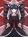  1girl bangs black_hair black_jacket black_skirt blunt_bangs bonnet celestia_ludenberg character_name danganronpa:_trigger_happy_havoc danganronpa_(series) drill_hair frills gothic_lolita hands_up happy_birthday highres jacket jewelry lolita_fashion long_hair long_sleeves looking_at_viewer necktie own_hands_clasped own_hands_together red_eyes red_necktie shiny shiny_hair skirt smile solo twin_drills twintails zui_nianshao 