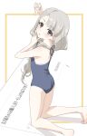  1girl :o ass asymmetrical_bangs bangs blush braid braided_bangs commission double_w grey_hair hair_ribbon highres hisakawa_nagi idolmaster idolmaster_cinderella_girls kneeling looking_at_viewer one-piece_swimsuit ribbon school_swimsuit simple_background sincos solo swimsuit twintails w 