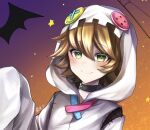  1boy bangs black_choker blush brown_hair choker danganronpa:_trigger_happy_havoc danganronpa_(series) fujisaki_chihiro ghost_costume green_eyes hair_between_eyes hand_up hood hood_up male_focus multicolored_background orange_background portrait purple_background shiny shiny_hair sleeves_past_fingers sleeves_past_wrists solo translation_request zui_nianshao 