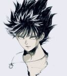  1boy closed_mouth collarbone greyscale hiei_(yu_yu_hakusho) jewelry kannoaki looking_at_viewer male_focus monochrome necklace simple_background smile solo spiked_hair yu_yu_hakusho 