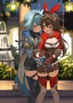  2girls absurdres amber_(genshin_impact) bangs black_hairband blue_hair blurry blurry_background blush bow_hairband breasts breasts_out brown_gloves brown_hair brown_shorts clothes_pull crossed_bangs eula_(genshin_impact) fingering genshin_impact gloves goggles goggles_on_head hair_between_eyes hairband hand_under_clothes hand_under_shorts heart highres lemontyoisy_r18 long_hair looking_at_another medium_breasts motion_lines multiple_girls nipples open_clothes open_mouth outdoors pussy_juice raised_eyebrows red_hairband short_hair shorts shorts_pull standing sweat thigh_strap thighhighs translation_request vision_(genshin_impact) yuri zettai_ryouiki 