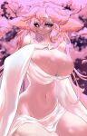  1girl animal_ears bangs bare_shoulders belly blurry blurry_background breasts cherry_blossoms cleavage closed_mouth collarbone crossed_bangs eyelashes falling_petals floppy_ears fox_girl genshin_impact hair_between_eyes hand_on_own_chest hand_up highres japanese_clothes large_breasts long_eyelashes long_hair long_sleeves looking_at_viewer monster_girl navel neck nontraditional_miko open_clothes petals pfufu pink_background pink_hair purple_eyes see-through self_upload shiny shiny_skin sitting smile solo thick_thighs thighs twitter_username very_long_hair wide_sleeves yae_miko 