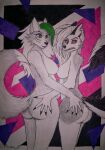  abstract_background absurd_res angry_eyes anthro black_nose breasts butt canid canid_demon canine canis demon duo female five_nights_at_freddy&#039;s five_nights_at_freddy&#039;s:_security_breach fur green_hair grey_body grey_fur hair hellhound helluva_boss hi_res isidia_f1 loona_(helluva_boss) mammal nude rear_view red_sclera roxanne_wolf_(fnaf) scottgames video_games white_body white_fur white_hair wolf yellow_eyes 