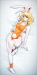  anthro bent_ears blonde_hair breasts carrot_(one_piece) clothing female fur hair hi_res lagomorph leporid long_ears lying mammal minkmen_(one_piece) mycrys navel navel_cutout on_back one-piece_swimsuit one_piece pink_nose rabbit red_eyes smile solo swimwear teeth white_body white_fur 