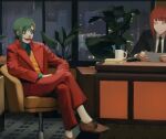  absurdres bangs black_jacket blazer brown_footwear chainsaw_man chair closed_mouth coffee_cup collared_shirt commentary cosplay crossed_legs cup desk disposable_cup dress_shirt facepaint foreshortening formal green_hair hair_ornament hairclip higashiyama_kobeni highres holding jacket joker_(2019) joker_(dc) joker_(dc)_(cosplay) light_smile loafers long_sleeves looking_at_another makima_(chainsaw_man) necktie pants parody plant red_hair red_jacket red_pants shirt shoes socks white_shirt window xyanaid yellow_eyes 