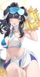  1girl absurdres arm_up bad_anatomy bangs bare_shoulders black_hair blue_archive blue_eyes breasts cleavage commentary crop_top goggles goggles_on_head halo hibiki_(blue_archive) highres holding holding_pom_poms large_breasts linnnp long_hair looking_at_viewer midriff miniskirt navel open_mouth pom_pom_(cheerleading) skirt solo stomach thighs white_skirt 