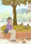  1girl bag bird black_bag black_footwear building grass grey_hair highres inoue_haruka_(haruharu210) long_sleeves original outdoors pants purple_shirt shadow shirt shoes short_hair shoulder_bag sitting solo tree white_pants wide_shot 