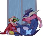  absurd_res amphibian anthro athletic athletic_male avian dripping dripping_wet duo generation_6_pokemon greninja hawlucha hi_res laiweitui male male/male moody_lighting muscular muscular_male nintendo pokemon pokemon_(species) raining towel video_games 