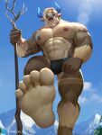  3:4 abs anthro bigfoot_(tas) blue_eyes bovid bovine bulge cattle clothing feet foot_focus hair hi_res horn lifewonders looking_at_viewer low-angle_view male mammal muscular muscular_anthro muscular_male nipples pecs shan_yao_jun smile solo staff thong tokyo_afterschool_summoners underwear video_games white_hair 